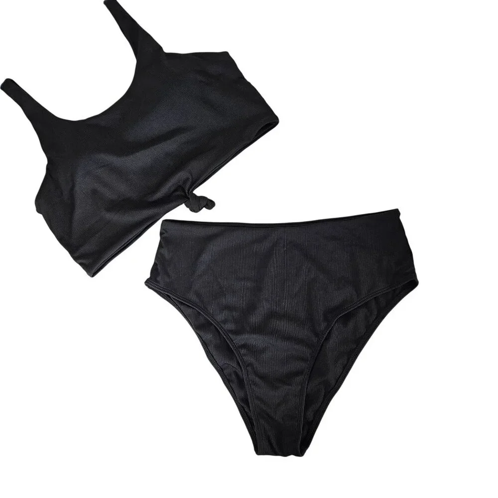 Zaful Womens Black Ribbed High Waist Bikini Set Size XL Knot Front Beach Pool - Picture 1 of 9
